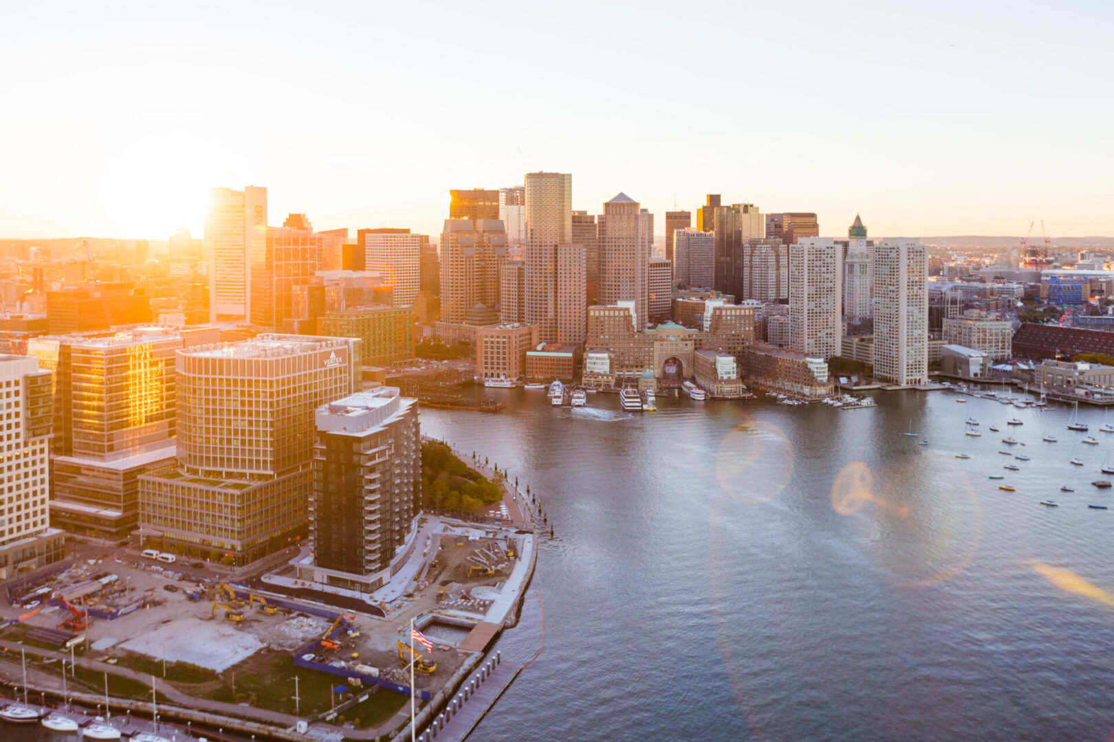 Aerial photograph of the East Boston Waterfront at Sunset.