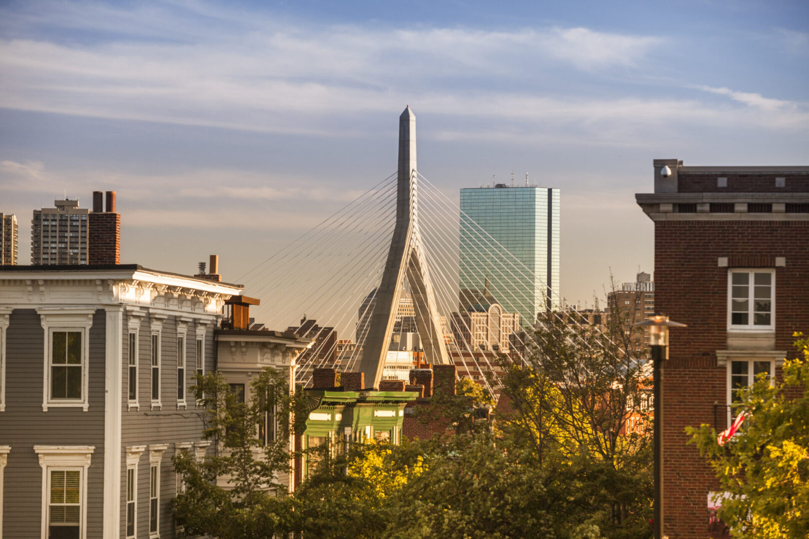 Modern bridge in Boston Massachusetts from atop Bunker Hill.  The Bridge is named after civil rights activist Lenny Zakim and the American colonists who fought the British in the Battle of Bunker Hill